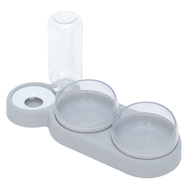Gray pet water bottle with two transparent bowls on a white background