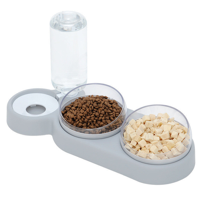 Pet food and water bowl set with dry kibble and wet food on a white background