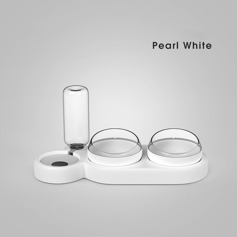 Modern pet water and food bowl set on a gray background with 'Pearl White' text.