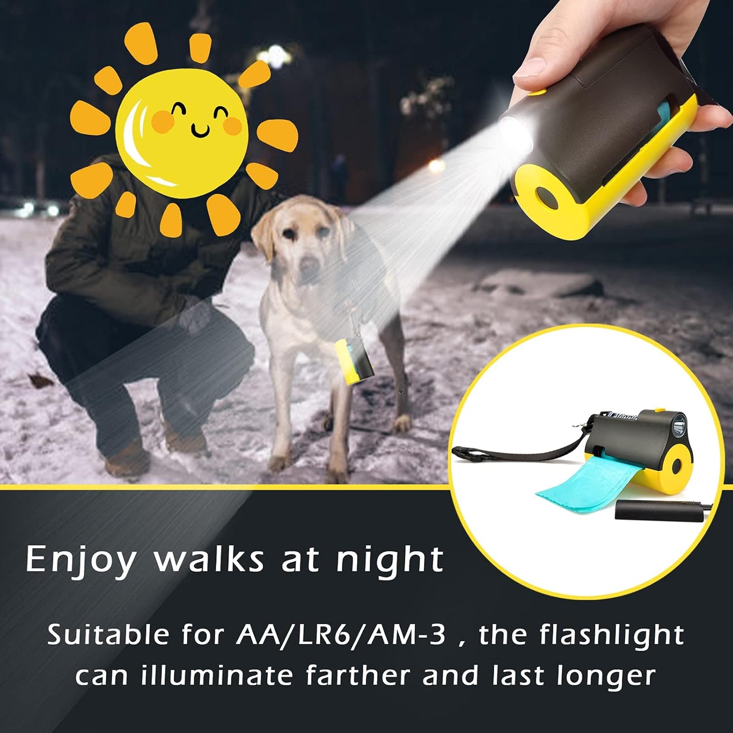 3 in 1 Dog Poop Bags Holder with Built-In LED Flashlight for Leash and Metal Clip for Hanging Used Bags Bi-Color Dog Poop Dispenser with Wristler(2 Holder 30 Bags, Blue&Black)