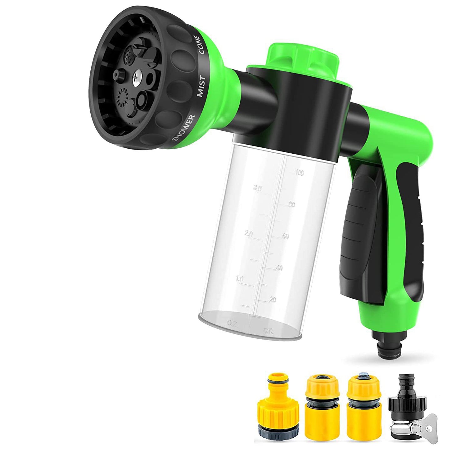 Green and black garden hose spray nozzle with multiple nozzles on a white background