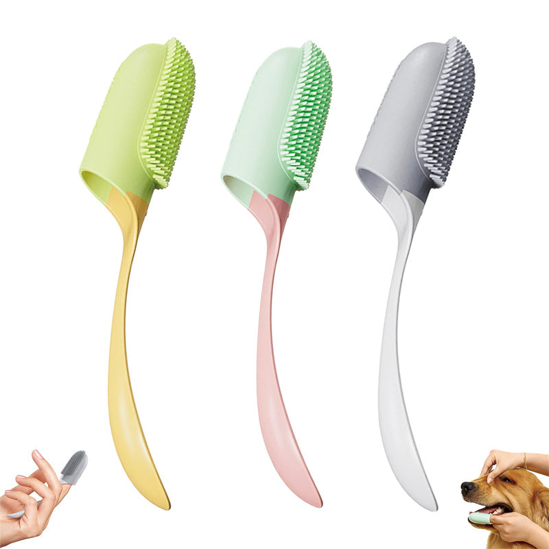 Three pet grooming brushes in different colors on a white background.