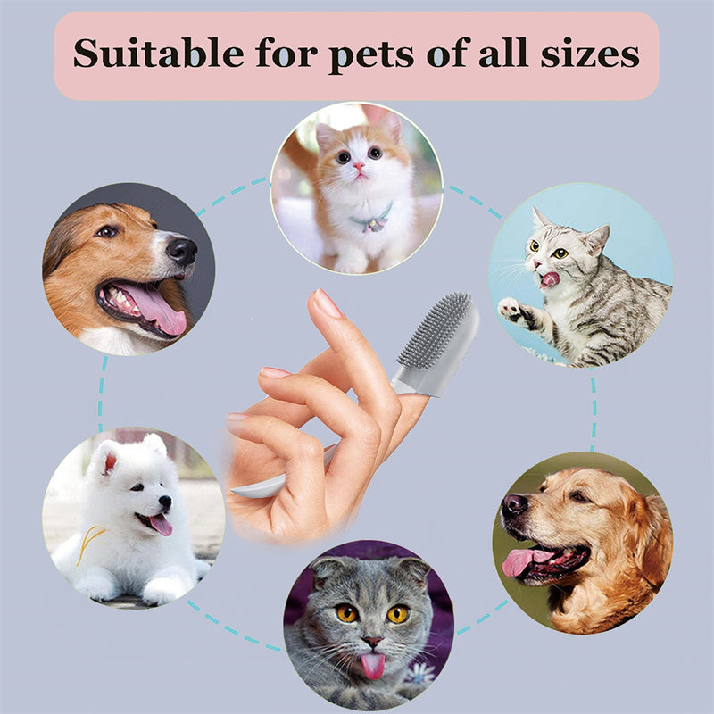 Pet grooming brush with images of dogs, cats, and text 'Suitable for pets of all sizes' on a light blue background.