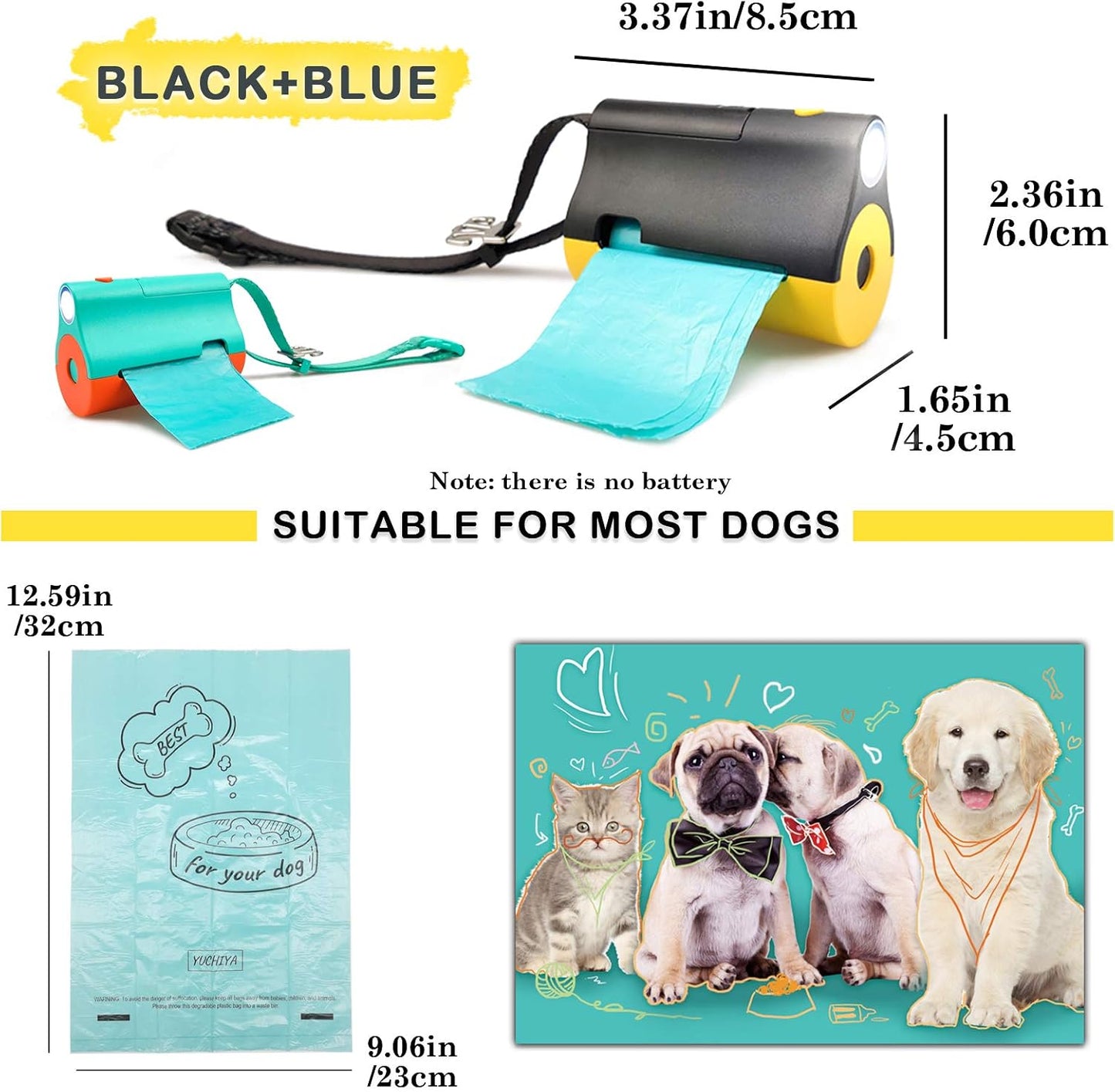 3 in 1 Dog Poop Bags Holder with Built-In LED Flashlight for Leash and Metal Clip for Hanging Used Bags Bi-Color Dog Poop Dispenser with Wristler(2 Holder 30 Bags, Blue&Black)