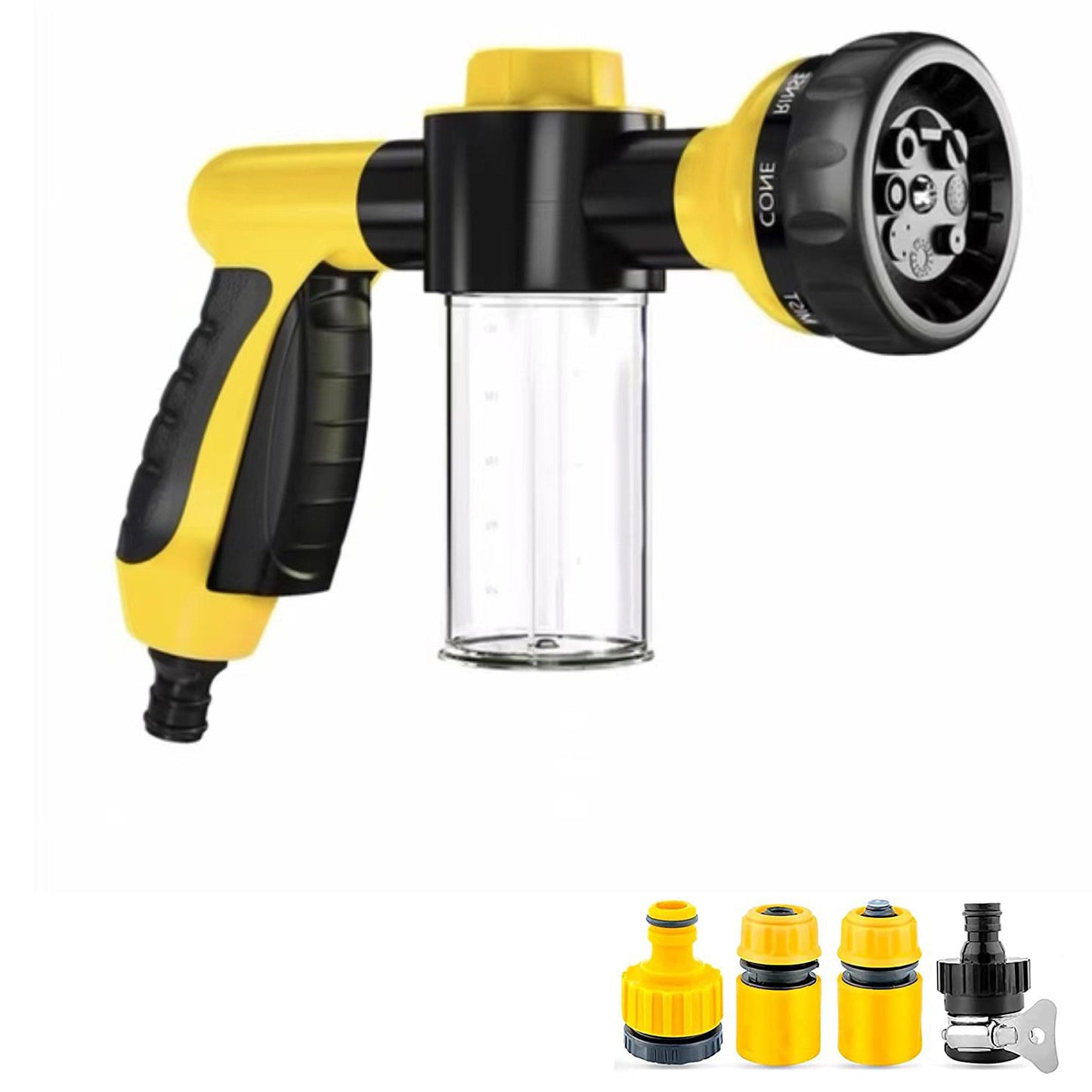 Yellow and black spray gun with multiple nozzles on a white background