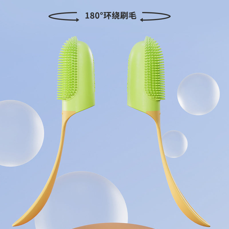 Two green and yellow scrub brushes with bristle heads on a blue background with bubbles.