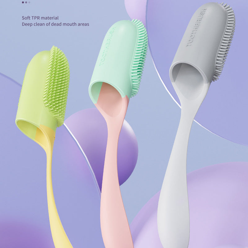 Three silicone brushes in green, pink, and gray on a colorful abstract background.