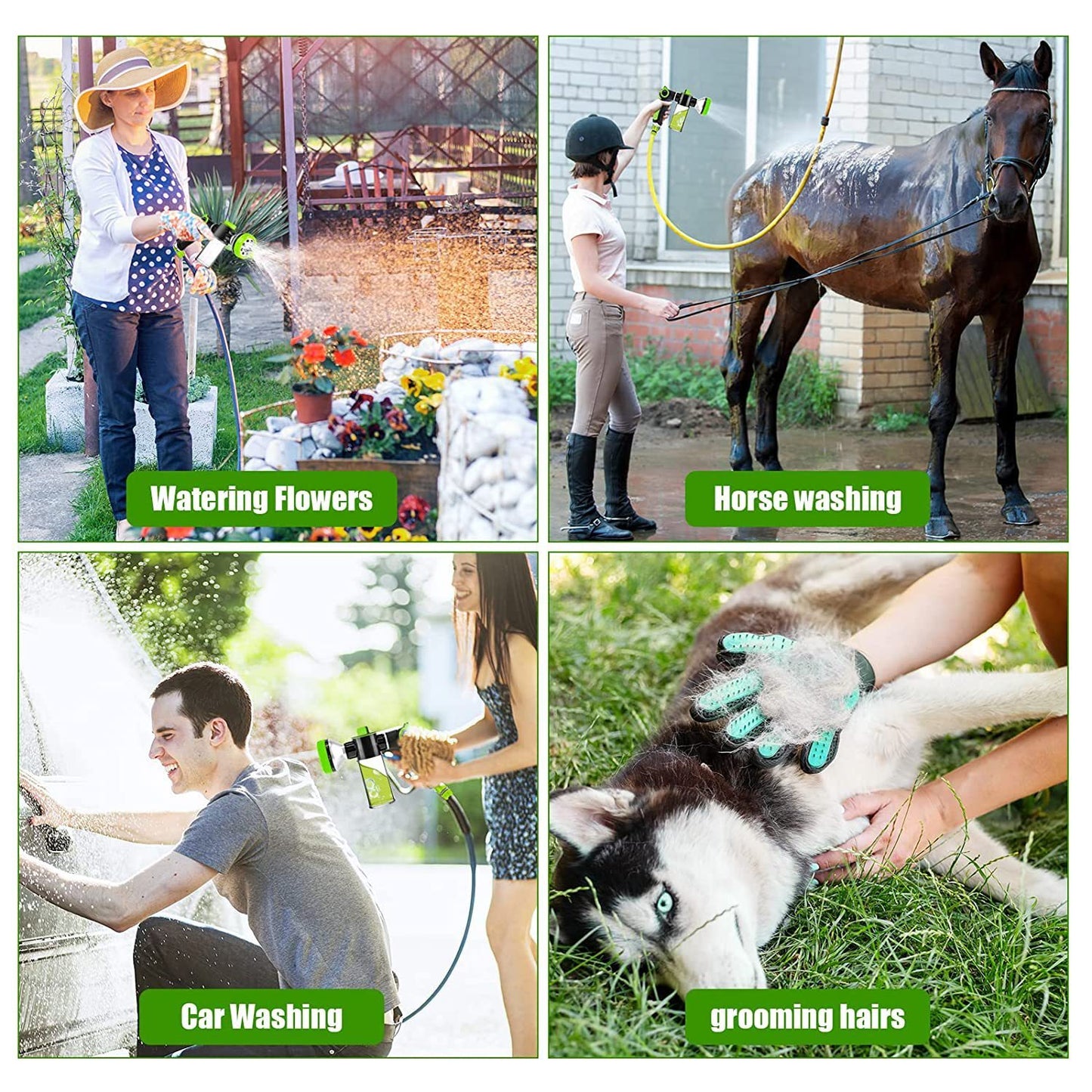 Collage of a person using a handheld garden hose for various activities including watering flowers, horse washing, car washing, and grooming a dog.