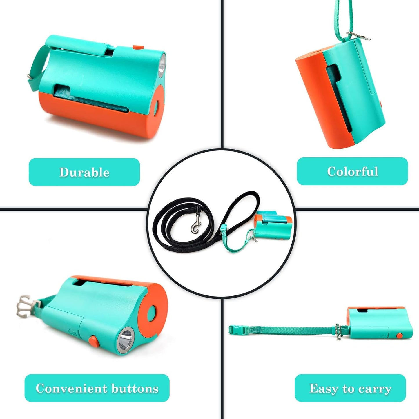 3 in 1 Dog Poop Bags Holder with Built-In LED Flashlight for Leash and Metal Clip for Hanging Used Bags Bi-Color Dog Poop Dispenser with Wristler(2 Holder 30 Bags, Blue&Black)
