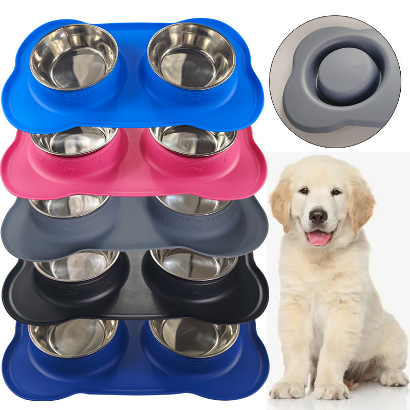Large Double Pet Bowl with Silicone Mat