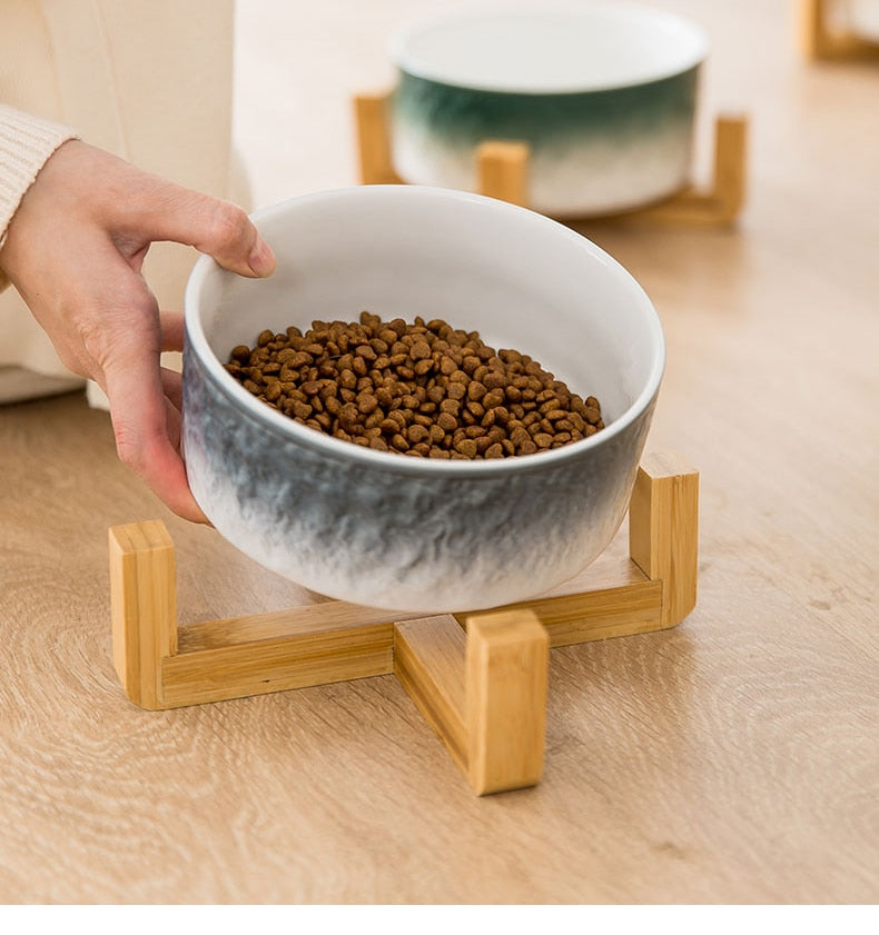 Person holding a bowl of pet food on a wooden stand with a blurred background