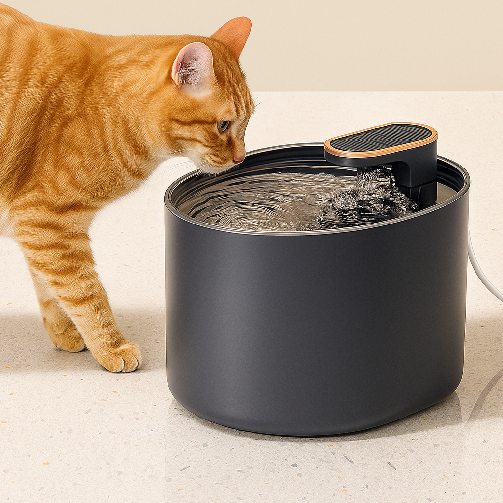 Cat drinking from a black pet water fountain on a light-colored floor.