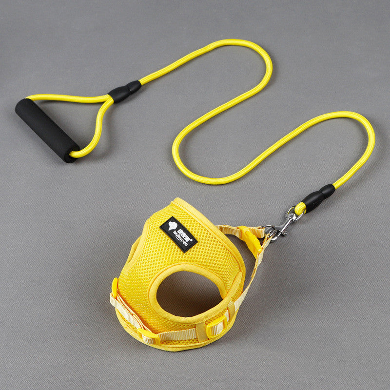 Yellow dog harness and leash set on a gray background