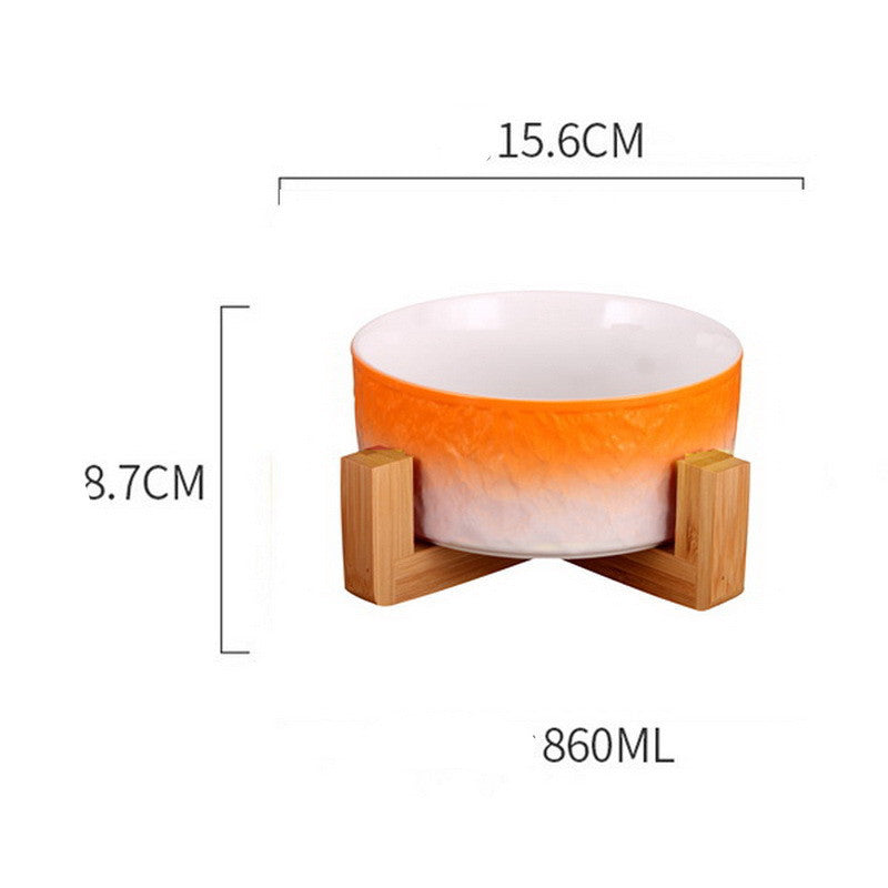 Ceramic bowl with wooden stand and measurements on a white background