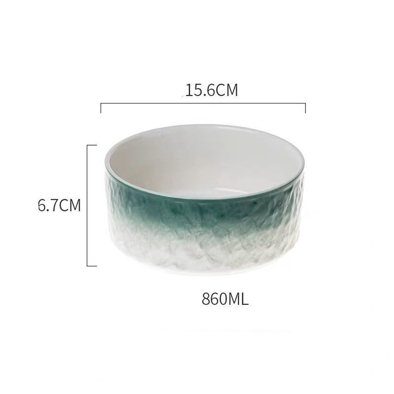 Ceramic bowl with gradient design and measurements on a white background