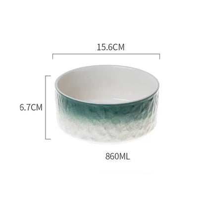 Ceramic bowl with gradient design and measurements on a white background