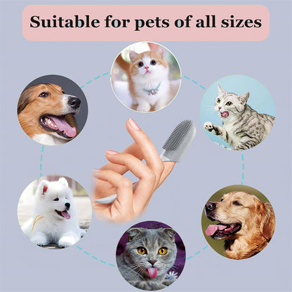Pet grooming brush with images of dogs, cats, and text 'Suitable for pets of all sizes' on a light blue background.