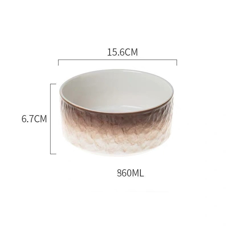 Ceramic bowl with wooden stand and measurements on a white background