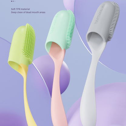 Three silicone brushes in green, pink, and gray on a colorful abstract background.